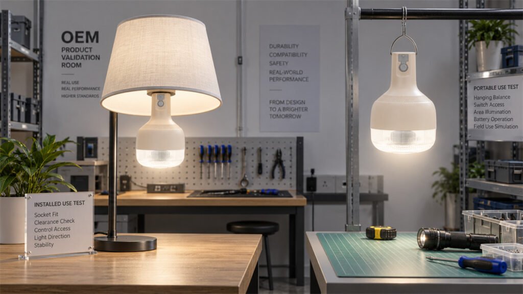 A hybrid rechargeable bulb is checked in both socket-mounted and hanging portable use before approval.