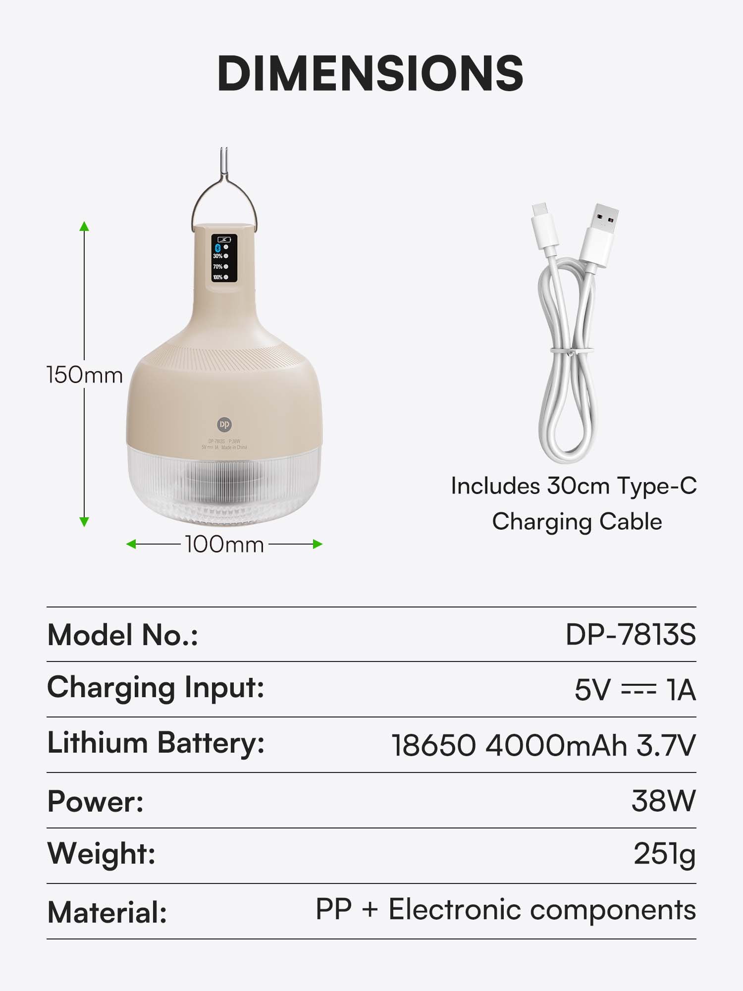Specifications of 7813S LED camping lantern detailing 38W power, 4000mAh battery, 150x100mm size, and PP material.