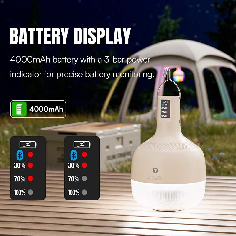 LED camping lantern 7813S built with a 4000mAh battery and a 3-bar power status indicator.