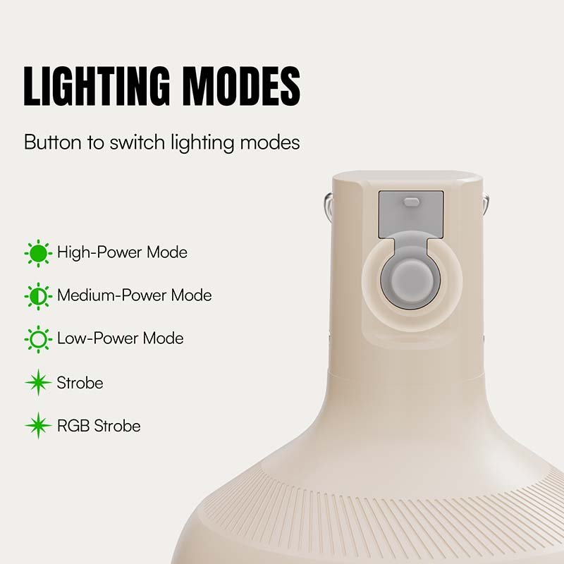 LED camping lantern 7813S featuring a switch button to toggle 5 lighting modes including RGB strobe.