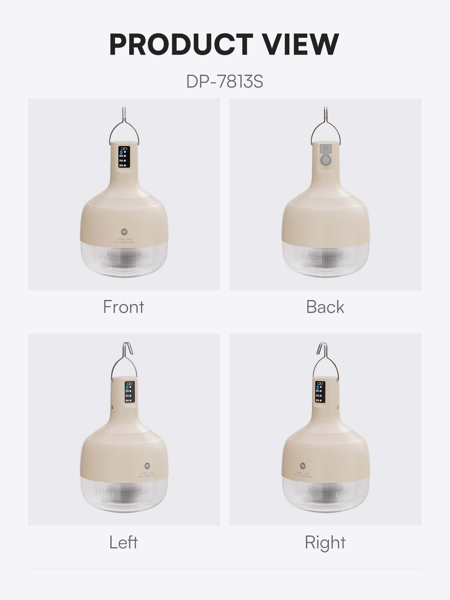 Multi-angle product view of LED camping lantern 7813S displaying front, back, left, and right sides.