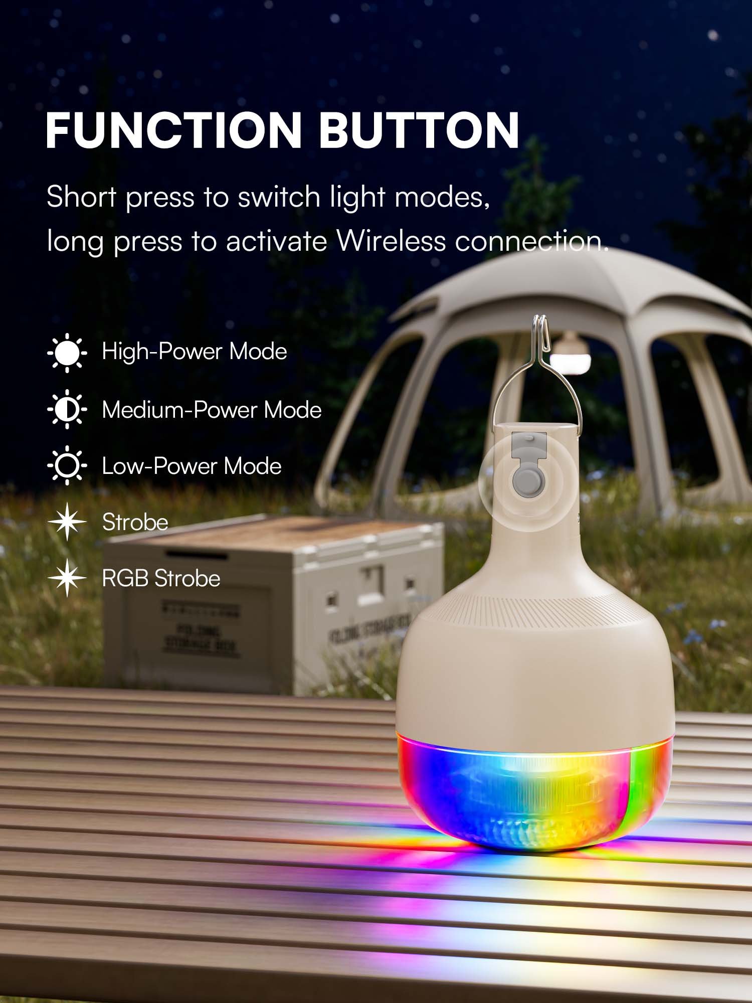 LED camping lantern 7813S showing function button for switching between 5 lighting modes and RGB strobe.