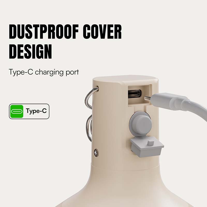 LED camping lantern 7813S equipped with a Type-C charging port and a silicone dustproof cover.