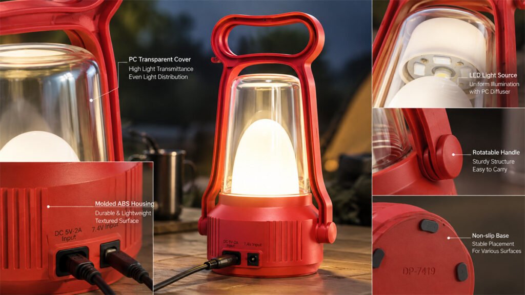 A rechargeable lantern uses a translucent PC diffuser to protect the LEDs while distributing light evenly.