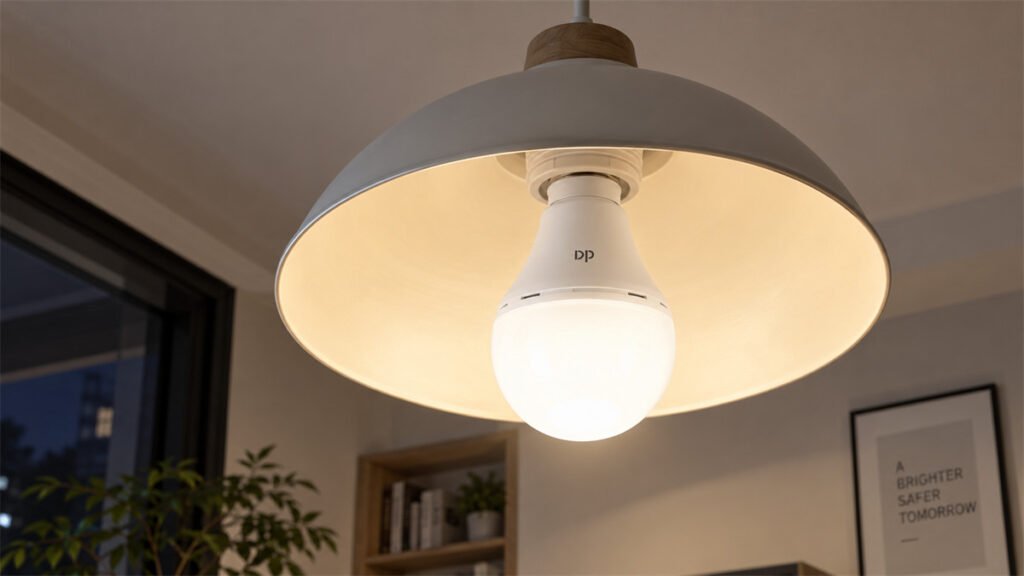 A rechargeable bulb fits inside a household fixture with enough clearance for its larger battery housing.