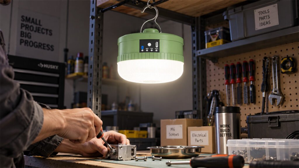 A rechargeable bulb hangs at low height and spreads useful light across a nearby table and work area.