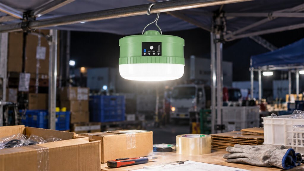 A rechargeable bulb hangs vertically because its hook position is matched to the product’s weight distribution.