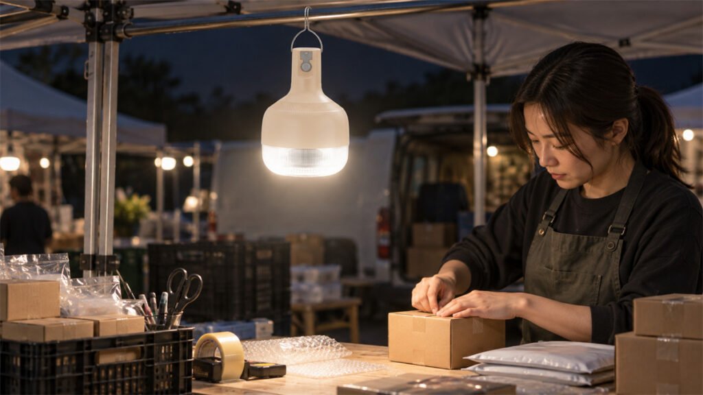 A hook-equipped rechargeable bulb provides portable area lighting above a temporary work table.