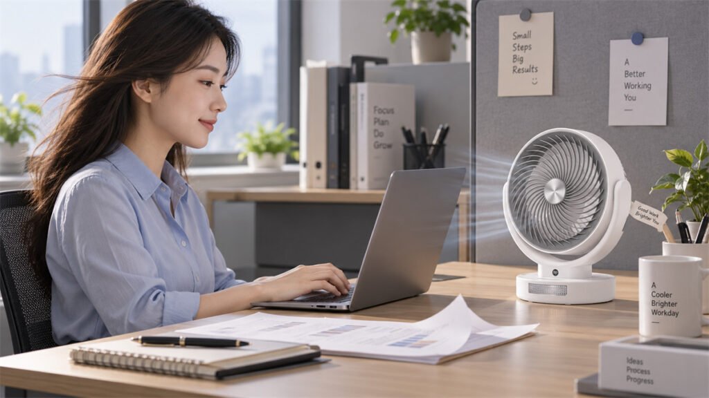 A fixed rechargeable fan provides continuous direct airflow to one user at a desk.
