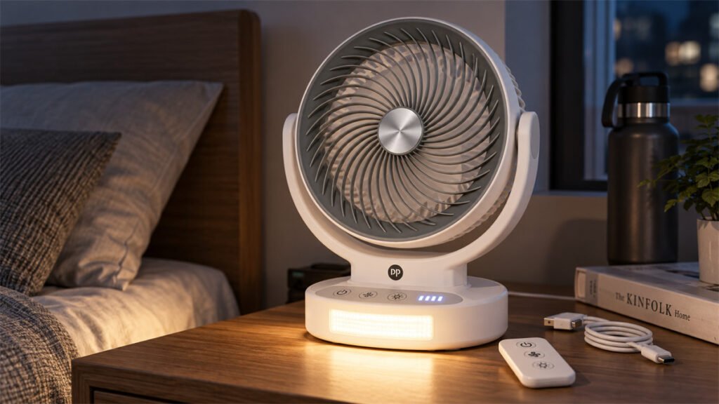 A multifunction rechargeable fan shows four battery bars while powering airflow and a reading light.