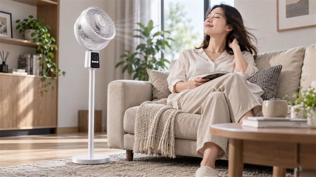 A floor-positioned rechargeable fan tilts upward to direct airflow toward a seated user.
