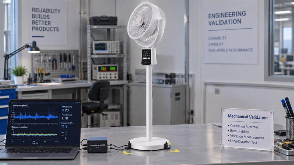An oscillating rechargeable fan is checked for base movement, vibration, and stability during direction reversal.