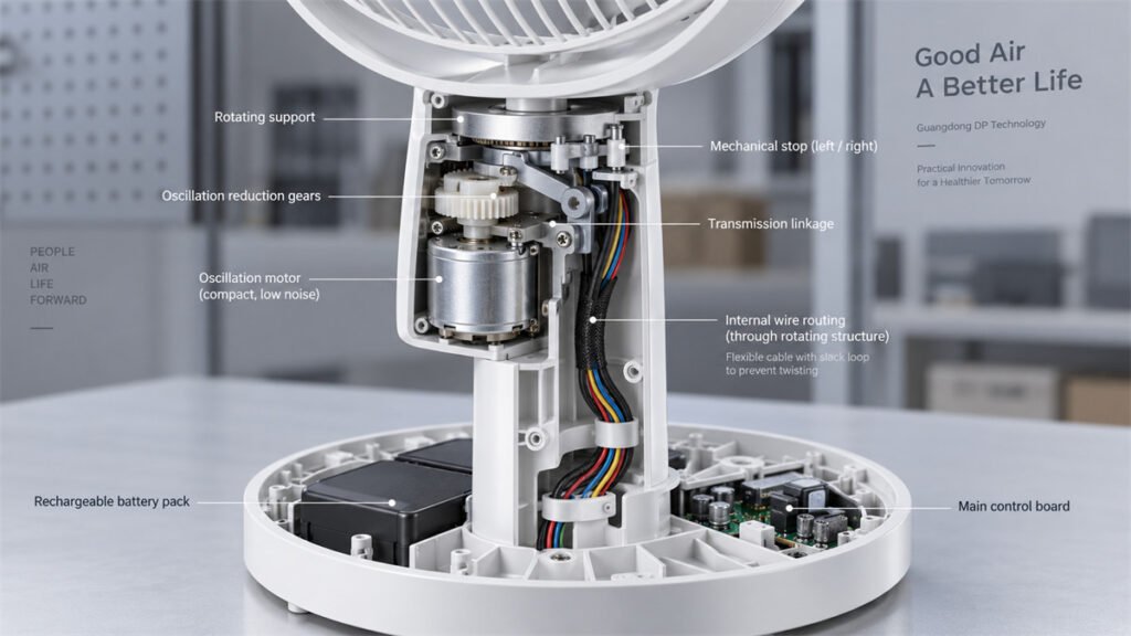 A rechargeable fan cutaway shows the motor, gearbox, wiring, and rotating joint used for oscillation.