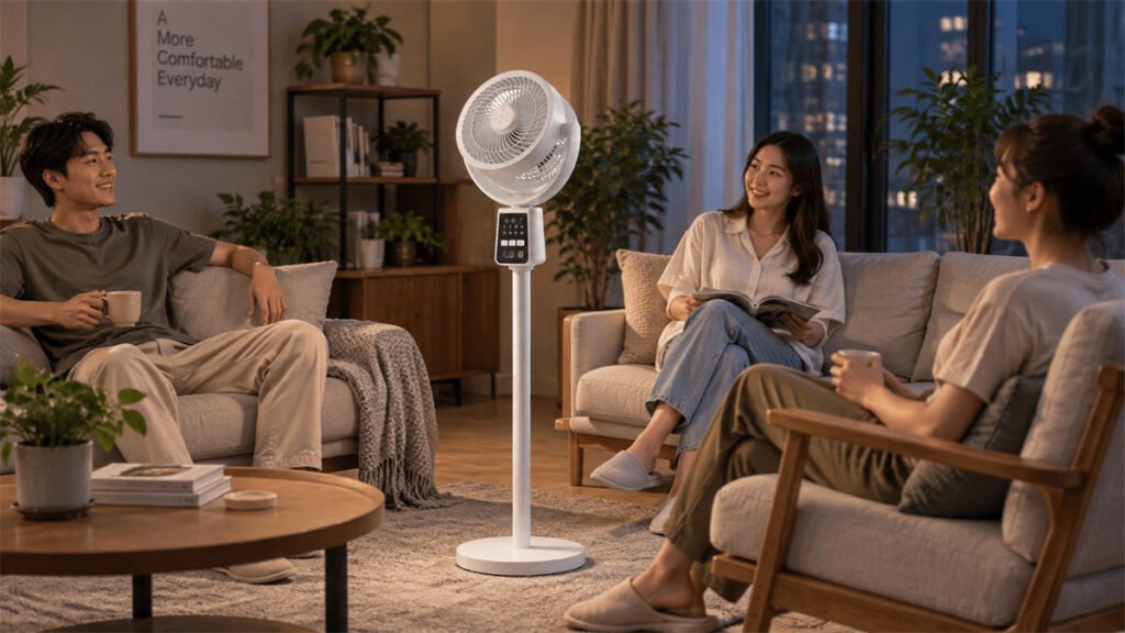 An oscillating rechargeable fan distributes airflow across several users in a shared seating area.