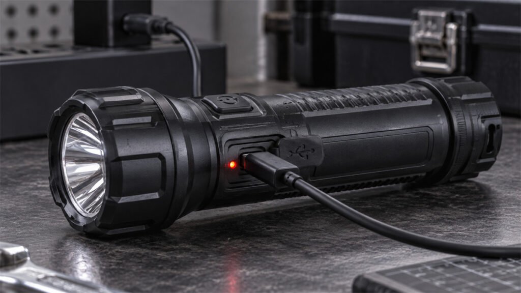 A flashlight uses a single status LED to show charging and full charge while connected by cable.