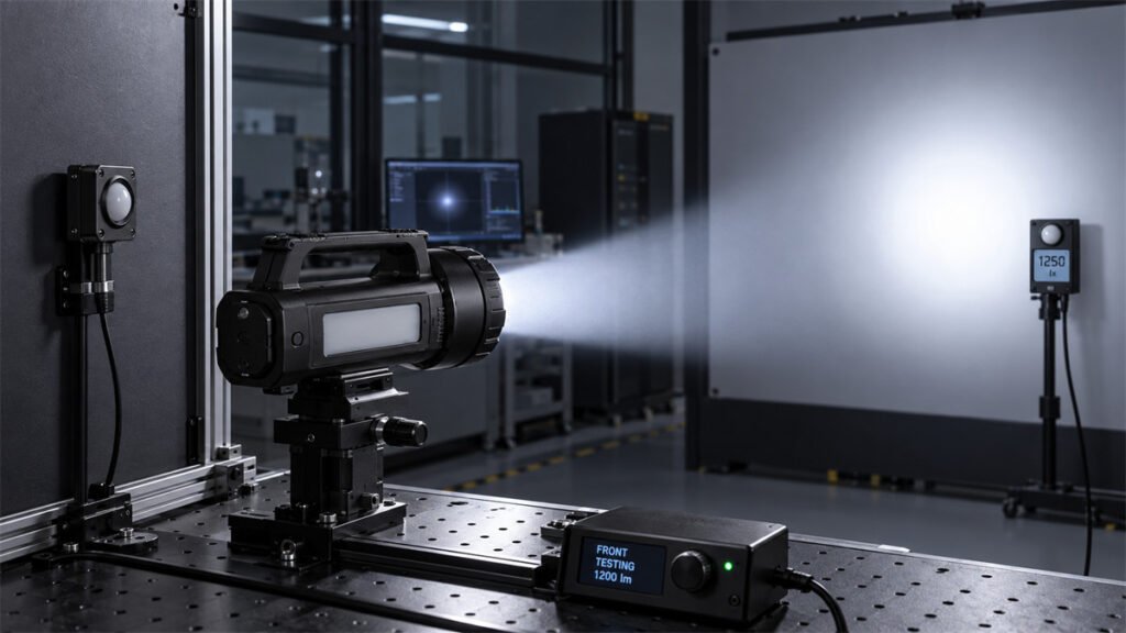 A dual-light flashlight is tested separately for front-beam distance and side-light area coverage.