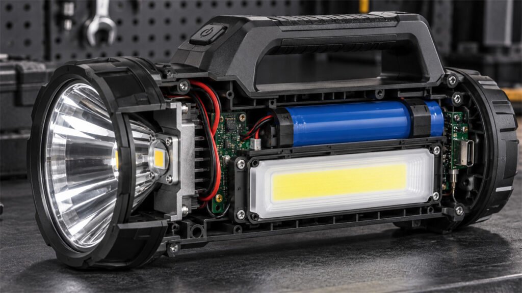A dual-light flashlight cutaway shows separate front-beam and side-light optical systems inside one housing.