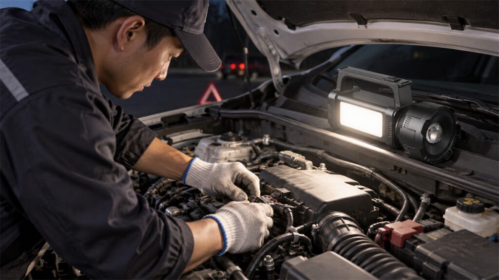 A flashlight side light provides wide nearby illumination while both hands are used for vehicle maintenance.