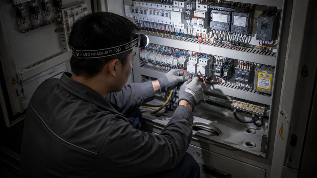 A flood-beam headlamp illuminates the worker’s hands, tools, and nearby equipment at close range.