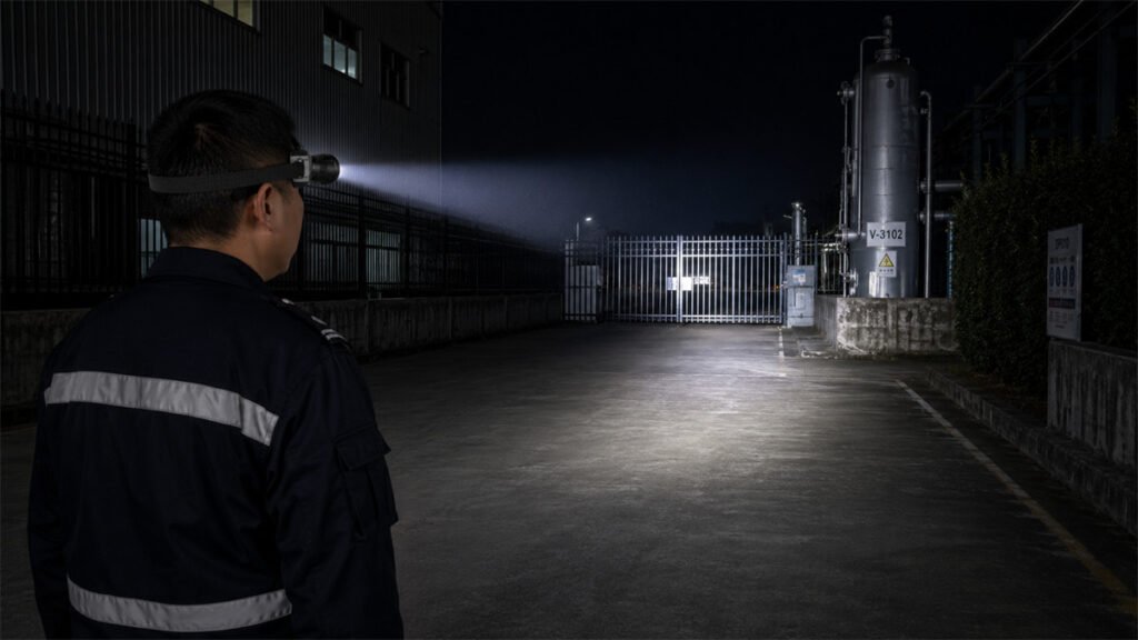 A spot-beam headlamp concentrates useful light on a distant target during a night patrol.