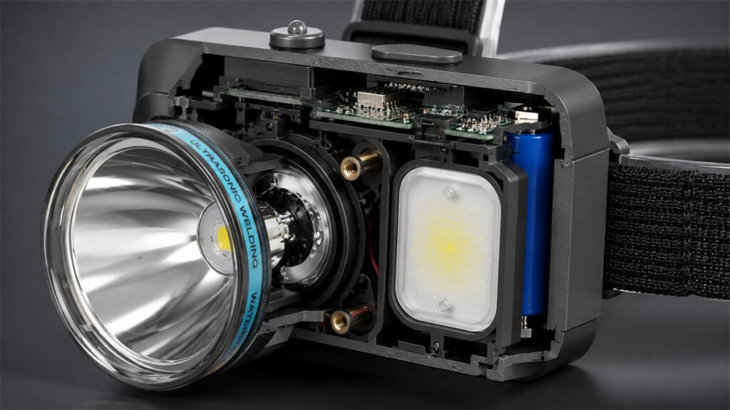 A dual-beam headlamp combines a focused spot optic with a separate wide-angle flood light source.