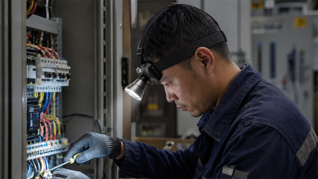 A rechargeable headlamp tilts downward for close work while remaining stable and balanced on the user’s head.