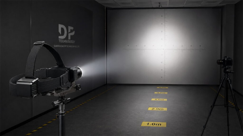 A rechargeable headlamp is tested at a fixed distance to check hotspot, spill, beam width, and peripheral coverage.