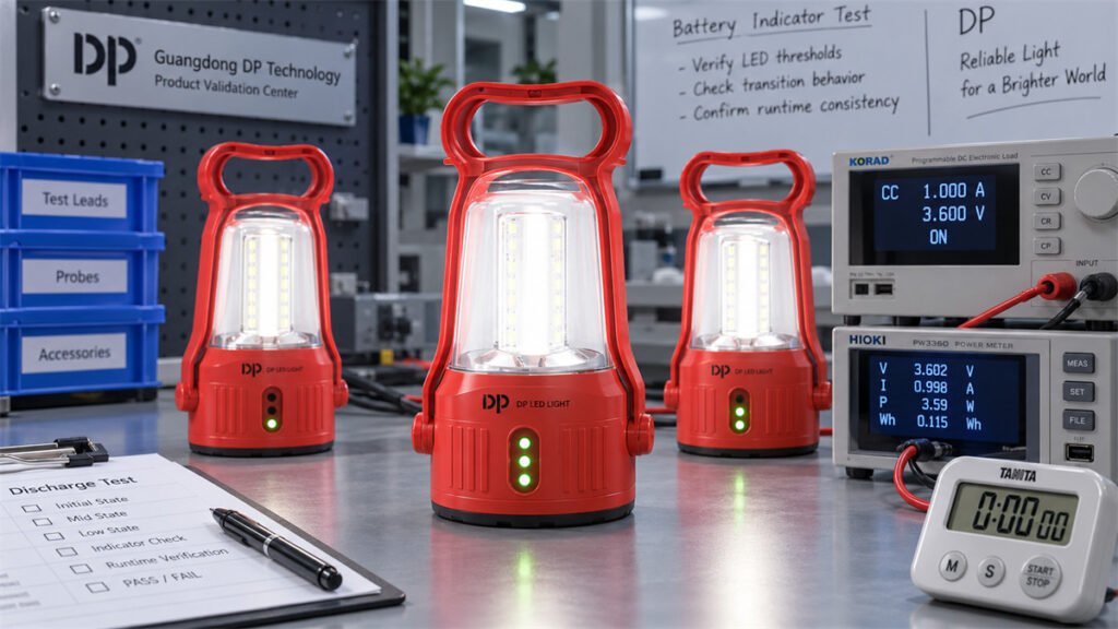 A three-level battery indicator on a camping lantern is tested through controlled discharge.