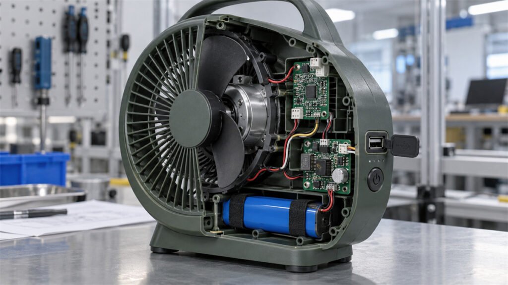 A rechargeable product cutaway shows one battery supplying both the main load and the USB output circuit.