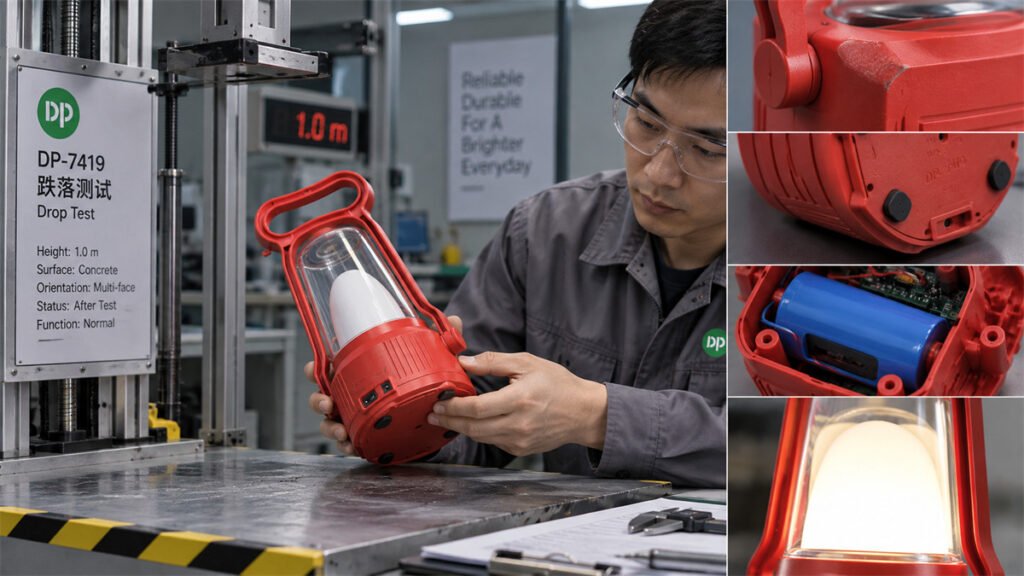 A fully assembled rechargeable product is checked after controlled impact for cracks, looseness, and joint damage.