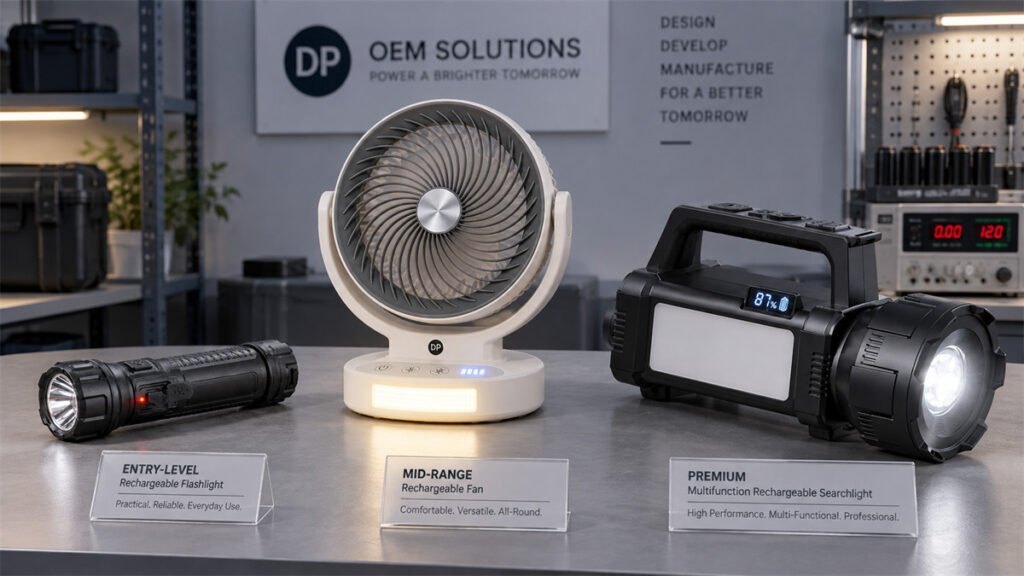 Three rechargeable products use simple, mid-level, and digital battery indicators for different price tiers.