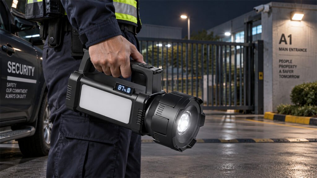 A rechargeable searchlight shows a numeric battery percentage before a night inspection begins.