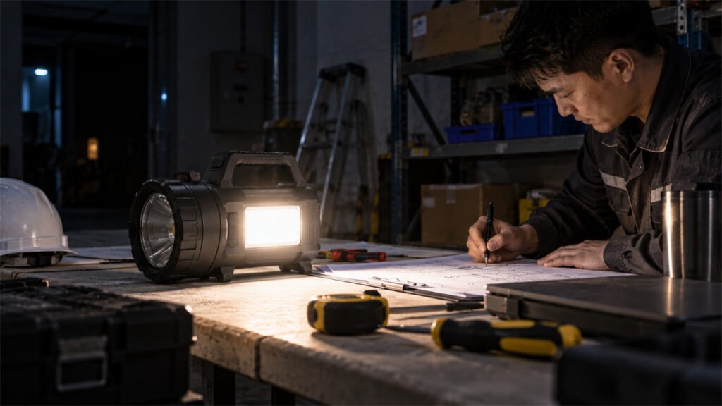 A rechargeable searchlight stands securely while its side light illuminates a nearby temporary work area.