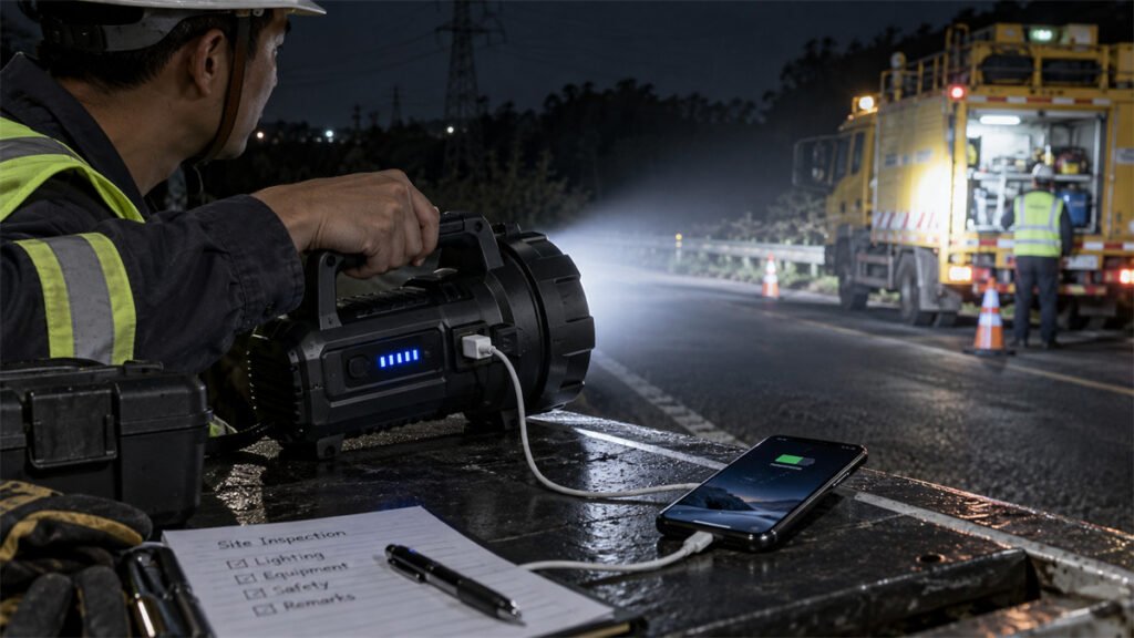 A rechargeable searchlight powers its main beam while supplying backup USB power to a phone outdoors.
