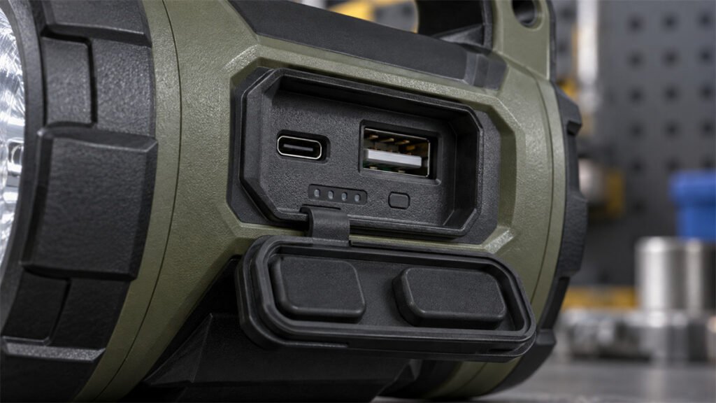 A rechargeable product uses separate charging input and USB power-output ports for different electrical functions.