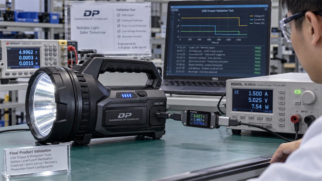 A USB-output rechargeable product is tested for low-battery cutoff, overload response, and stable output under load.