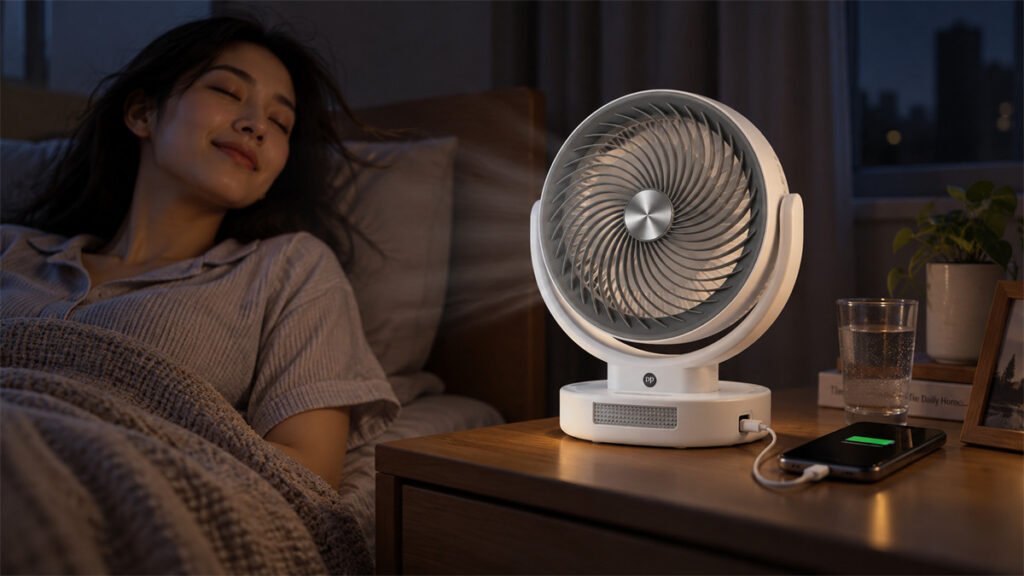 A rechargeable fan cools the user while also providing emergency USB power to a phone during an outage.