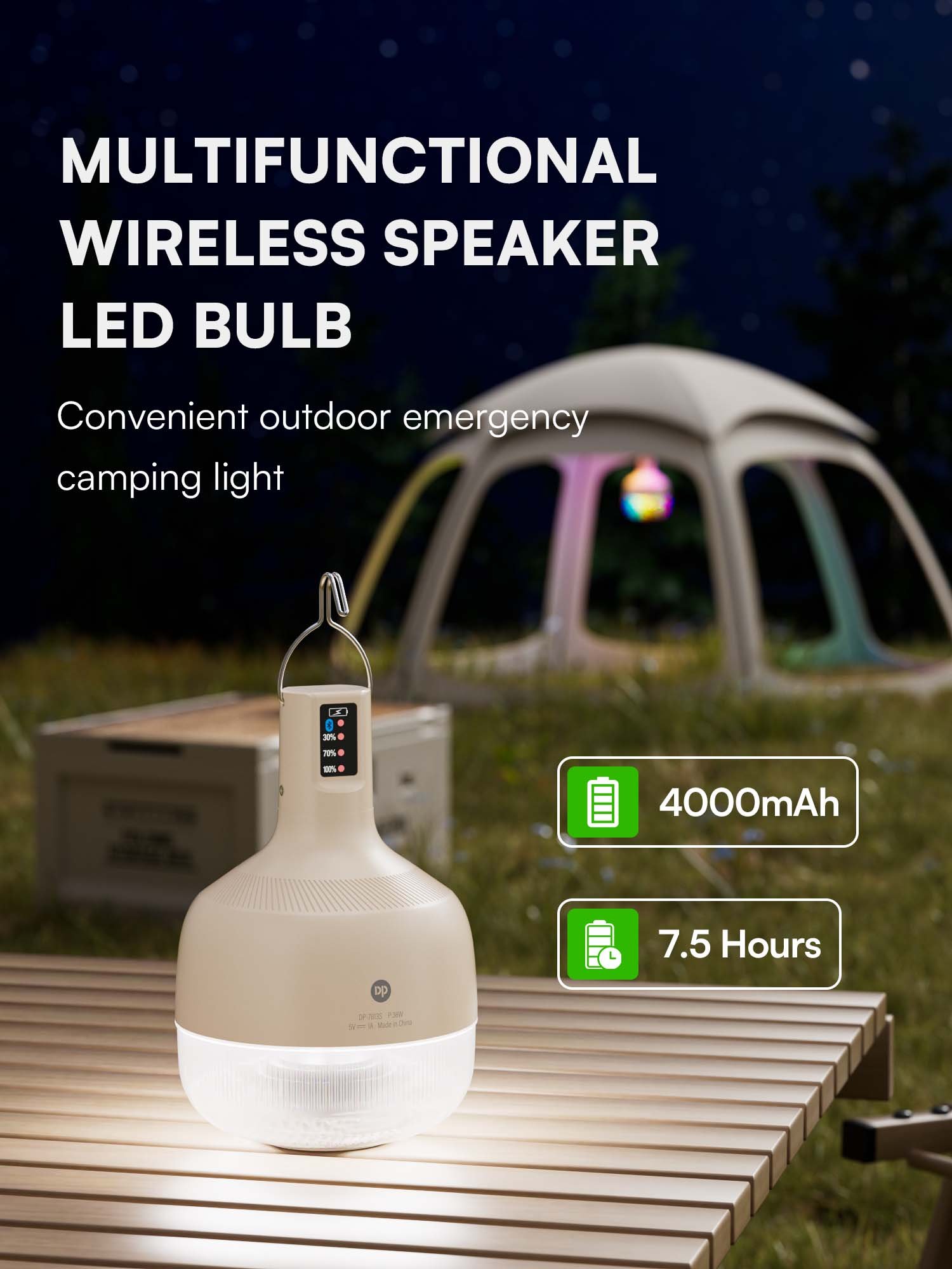 Wireless speaker LED bulb 7813S for outdoor camping with 4000mAh battery providing 7.5 hours runtime.