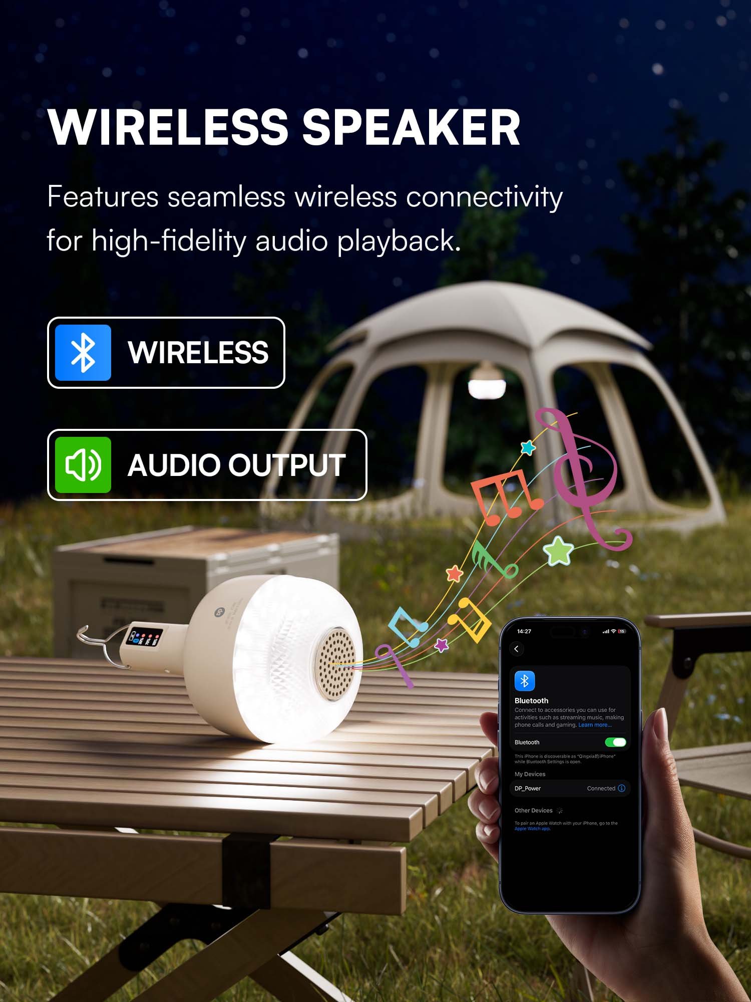 Wireless speaker LED bulb 7813S demonstrating audio output and wireless connectivity with smartphone.