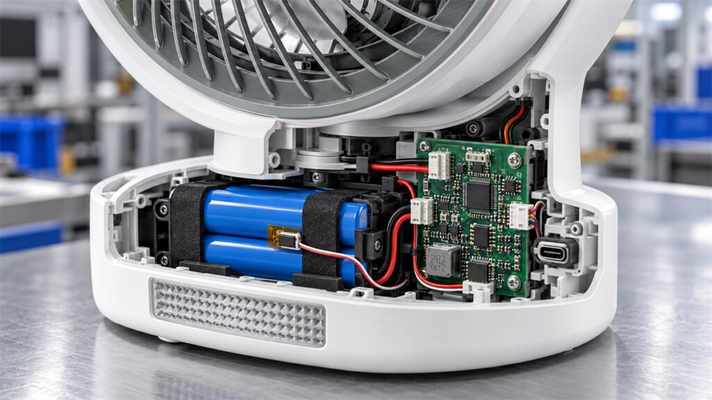 A rechargeable fan cutaway reveals the battery pack, charging controller, PCB, and thermal sensing components.