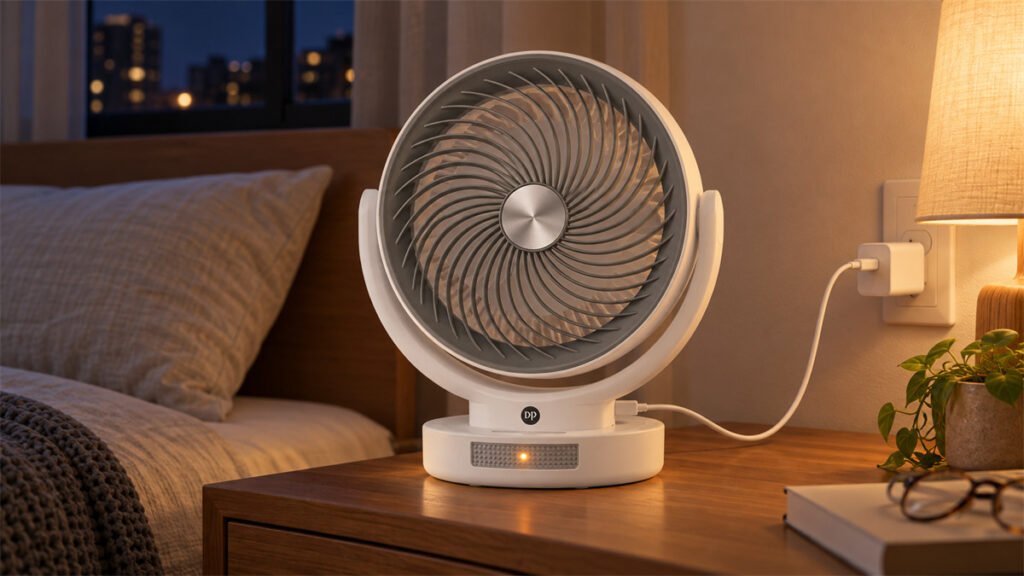 A large-capacity rechargeable fan recharges overnight while switched off, ready for extended use the next day.