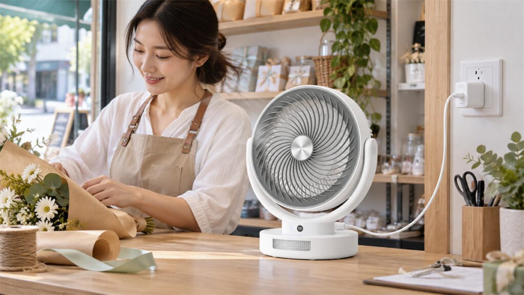 A rechargeable fan designed for use during charging operates while connected to an external power supply.