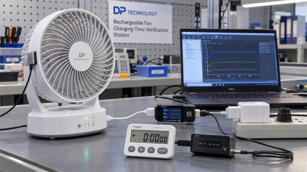 A rechargeable fan undergoes a controlled full-charge test using a defined adapter, cable, and charging endpoint.