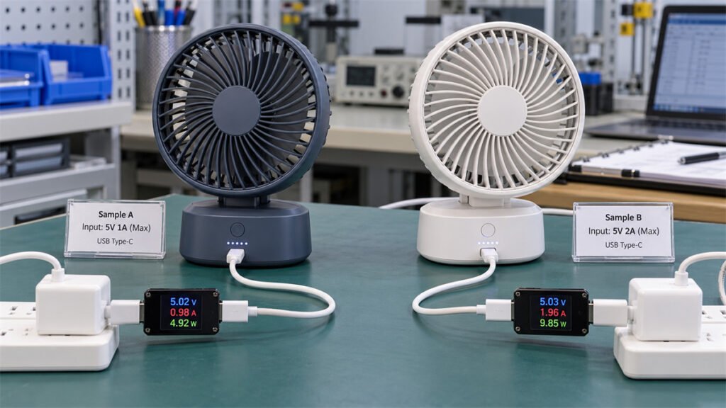 Two Type-C rechargeable fan samples use different charging input ratings despite having the same connector type.